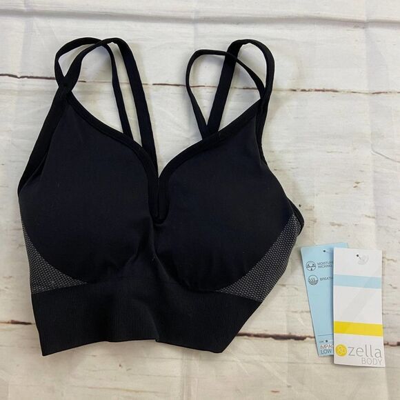 Zella Black Gray Spaghetti Strap Elastic Long line Sport Bra NWT Womens XS - Picture 1 of 6